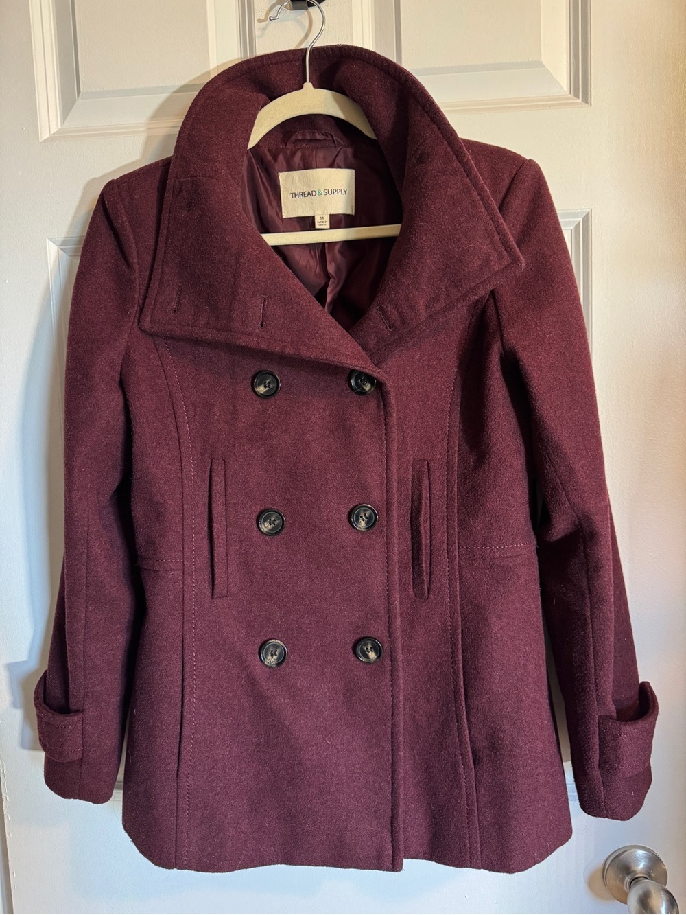 Thread & Supply Women's Double-Breasted Peacoat in Wine - Picture 2 of 7
